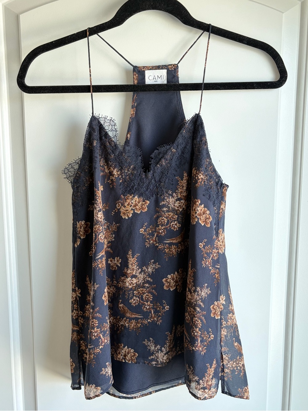 CAMI NYC The Racer 100% Silk Lined Camisole Floral Chinoiserie Navy XXS